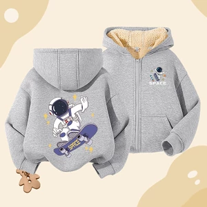 W.G.Q Áo Hoodie bé trai , lông cừu dày kiểu dây kéo mùa thu đông, có in hình phi hành gia