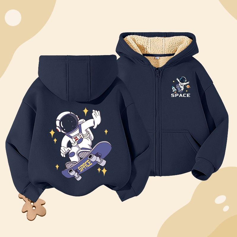 W.G.Q Áo Hoodie bé trai , lông cừu dày kiểu dây kéo mùa thu đông, có in hình phi hành gia