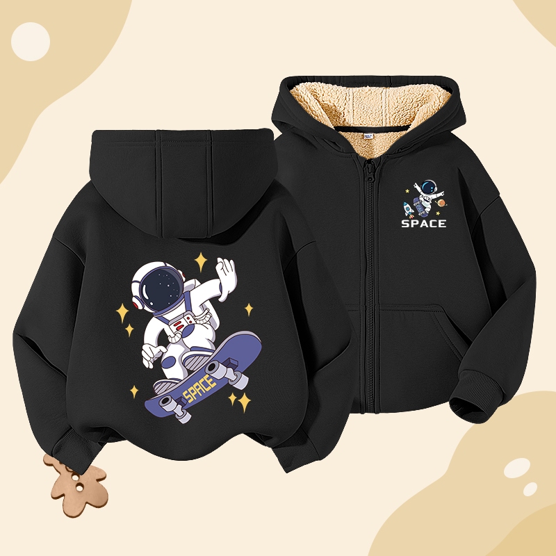 W.G.Q Áo Hoodie bé trai , lông cừu dày kiểu dây kéo mùa thu đông, có in hình phi hành gia
