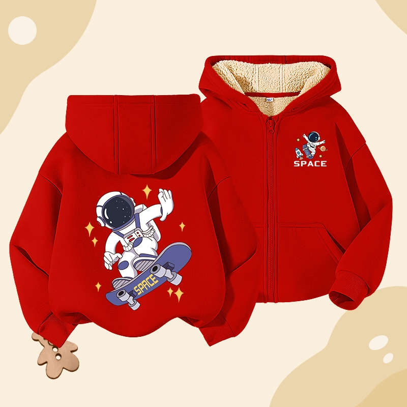 W.G.Q Áo Hoodie bé trai , lông cừu dày kiểu dây kéo mùa thu đông, có in hình phi hành gia