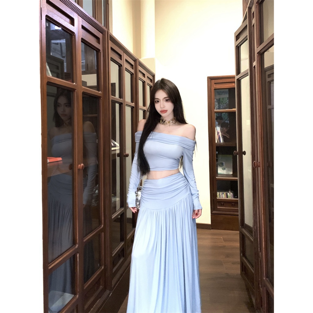 【BANKO】Phiên bản Hàn Quốc Bộ đồ nữ gợi cảm mùa thu Áo thun dài tay quây + Váy chữ A lưng cao