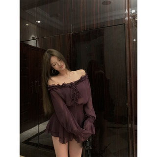 【BANKO】Phiên bản Hàn Quốc Áo sơ mi dài tay voan màu tím quây