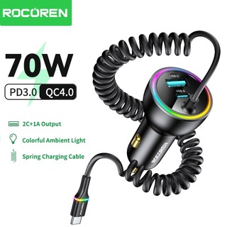 Bộ sạc ô tô Rocoren 70W PD3.0 2C + 1A có cáp sạc lò xo Type-C Đèn xung quanh đầy màu sắc cho Sangsung Huawei