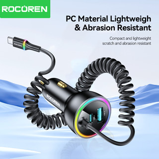 Bộ sạc ô tô Rocoren 70W PD3.0 2C + 1A có cáp sạc lò xo Type-C Đèn xung quanh đầy màu sắc cho Sangsung Huawei