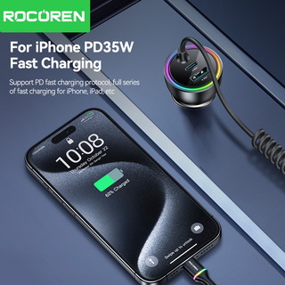 Bộ sạc ô tô Rocoren 70W PD3.0 2C + 1A có cáp sạc lò xo Type-C Đèn xung quanh đầy màu sắc cho Sangsung Huawei