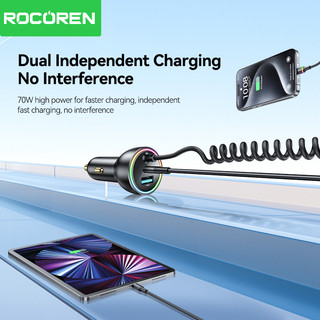 Bộ sạc ô tô Rocoren 70W PD3.0 2C + 1A có cáp sạc lò xo Type-C Đèn xung quanh đầy màu sắc cho Sangsung Huawei