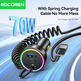 Bộ sạc ô tô Rocoren 70W PD3.0 2C + 1A có cáp sạc lò xo Type-C Đèn xung quanh đầy màu sắc cho Sangsung Huawei