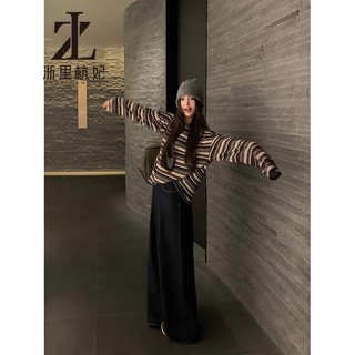 ZHELIHANGFEI Sọc Dệt Kim Dài Tay Áo Thun Nữ Mùa Thu Cổ Tròn Đáy Bên Trong Áo Sơ Mi Rời Retro Lười Top