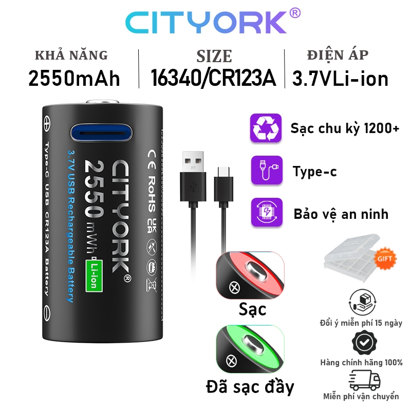 (2 Viên)Pin sạc CITYORK 16340 CR123A 2250mWh 3.7V | Shopee Việt Nam