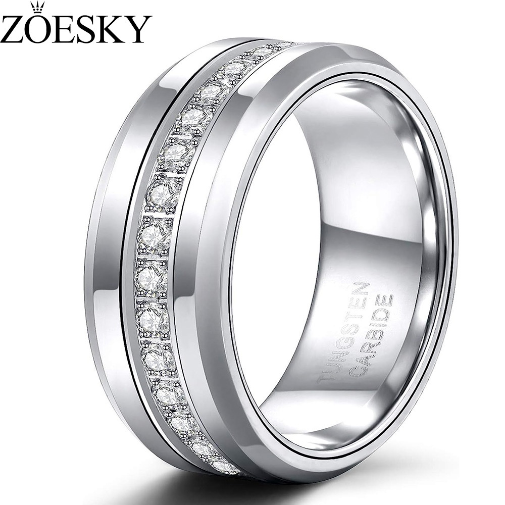 Zoesky Dây Cưới Vonfram Với Cubic Zirconia Nhẫn Vĩnh Cửu CZ Kẻ Sọc Bạc 8 Mm Nhẫn Đính Đá Vonfram Cao Ba Lan Cho Nam Size 7-13