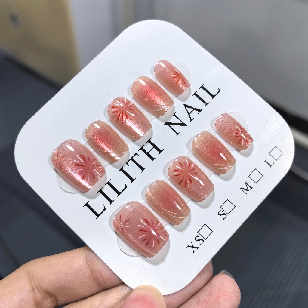Hồng Blush Pháo Hoa Mắt Mèo Móng Tay Giả Móng Tay Móng Tay Móng Tay Móng Tay Miếng Dán Mắt Mèo Chuyển Đổi Pháo Hoa