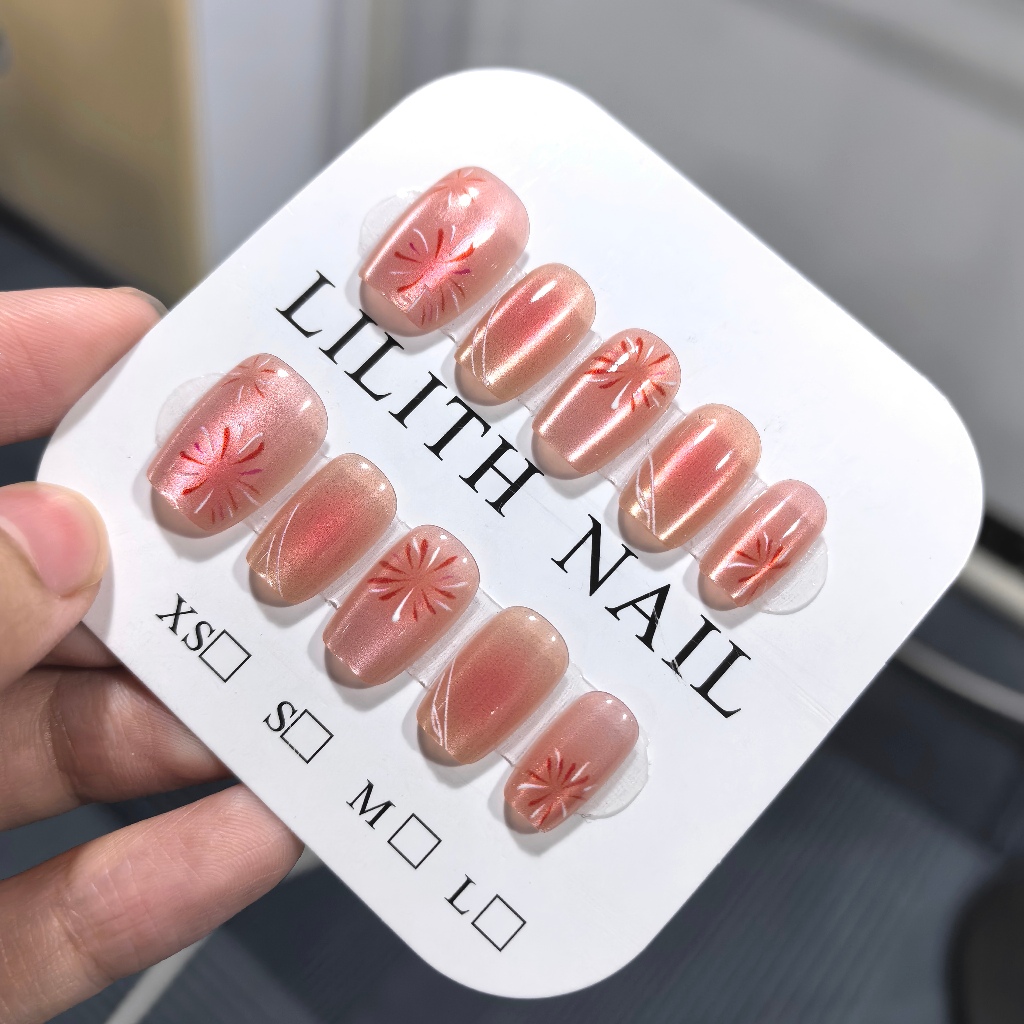 Hồng Blush Pháo Hoa Mắt Mèo Móng Tay Giả Móng Tay Móng Tay Móng Tay Móng Tay Miếng Dán Mắt Mèo Chuyển Đổi Pháo Hoa