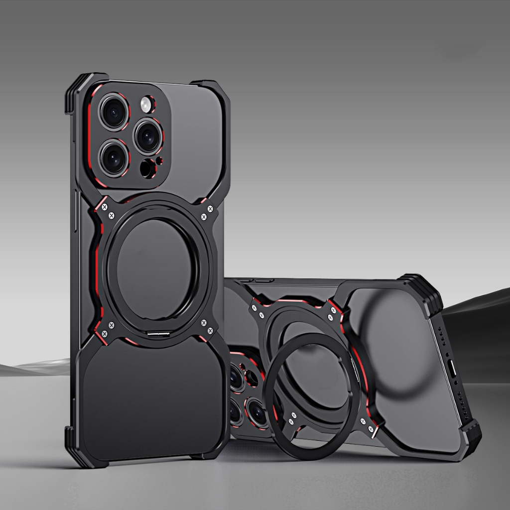 Dành Cho iPhone 16 15 17 Pro Max Ốp Lưng Hợp Kim Nhôm Kim Loại Ốp Lưng 14 Plus 13 Từ 360° Giá đỡ xoay Giá đỡ điện thoại ô tô không vành