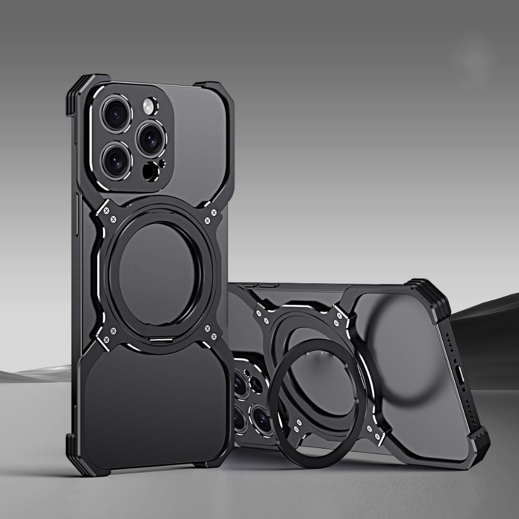 Dành Cho iPhone 16 15 17 Pro Max Ốp Lưng Hợp Kim Nhôm Kim Loại Ốp Lưng 14 Plus 13 Từ 360° Giá đỡ xoay Giá đỡ điện thoại ô tô không vành