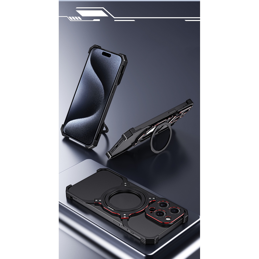 Dành Cho iPhone 16 15 17 Pro Max Ốp Lưng Hợp Kim Nhôm Kim Loại Ốp Lưng 14 Plus 13 Từ 360° Giá đỡ xoay Giá đỡ điện thoại ô tô không vành