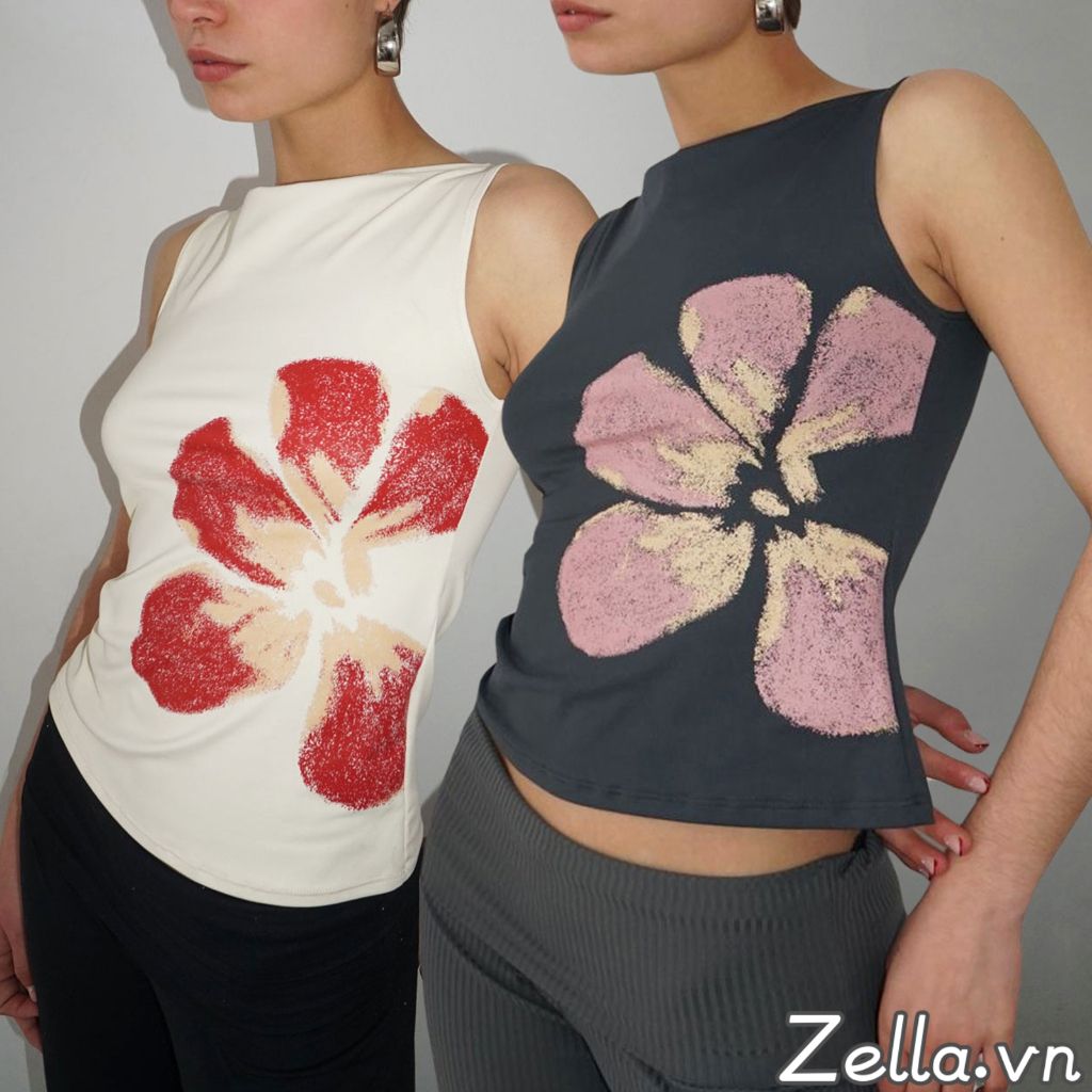 Áo Tank Nữ Trang Bị In Hoa Cổ Thuyền Không Tay Mùa Hè Crop Vest