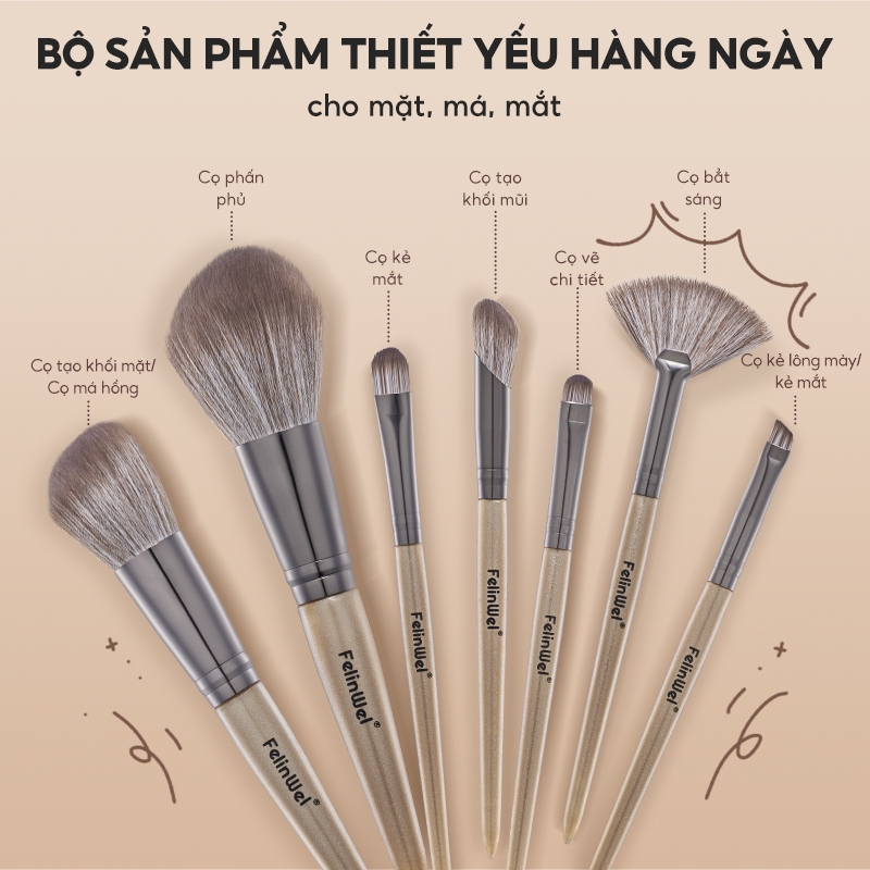 FelinWel - Bộ 7 Cọ Trang Điểm Chuyên Nghiệp Thuần Chay Không Thử Nghiệm Động Vật, Lông Mềm Không Rụng, Kèm Túi Đựng