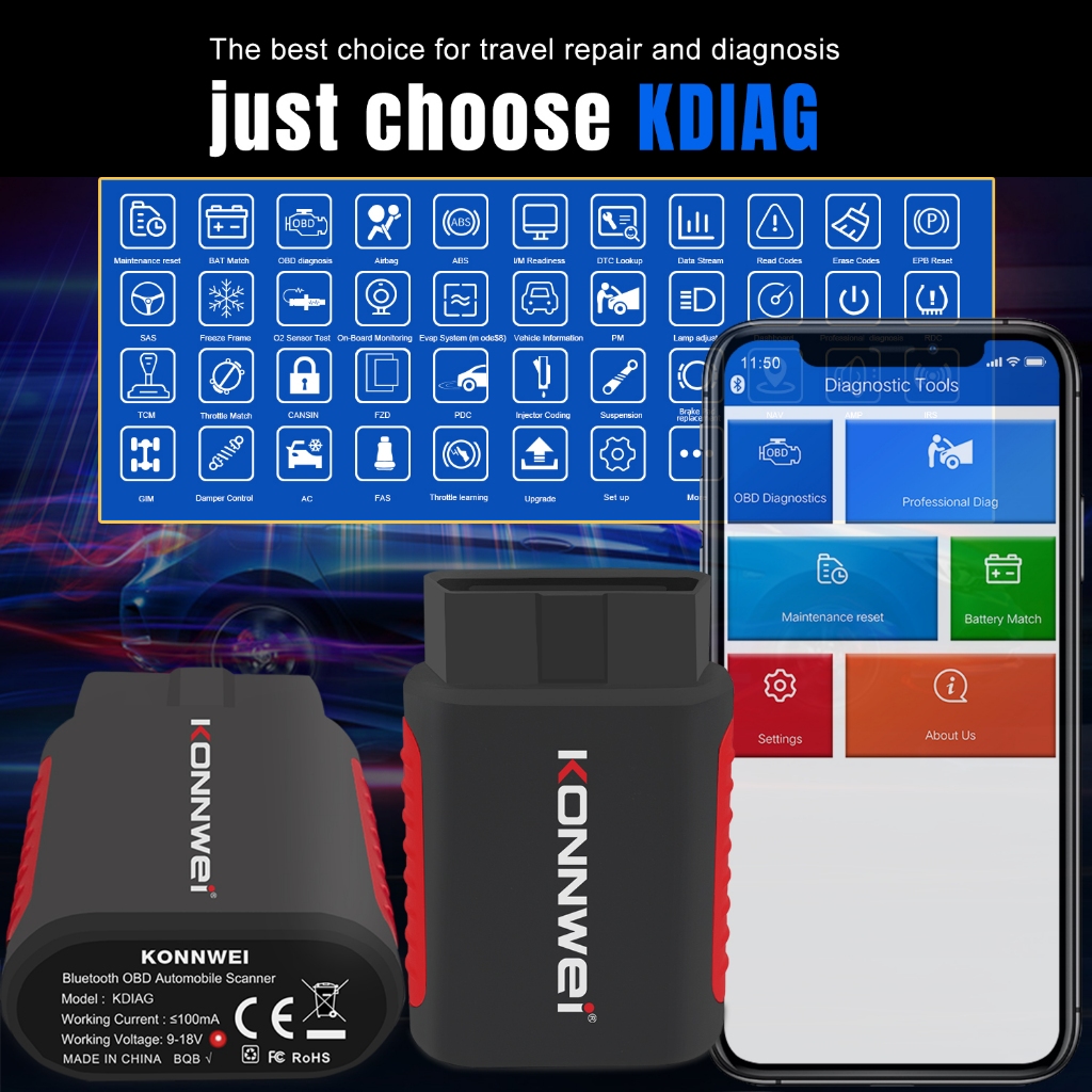Konnwei KDIAG Bluetooth 5.0 OBD2 Xe Máy Quét Toàn Hệ Thống Động Cơ ABS Túi Khí Lỗi Đặt Lại Rõ Ràng Thích Hợp Cho Xe Máy BMW Honda OBD ELM 327 Công Cụ Máy Quét Cho Android / IOS