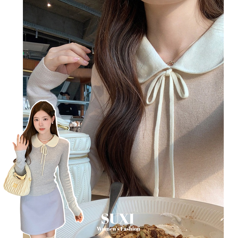 Suxi Pháp Retro Thu Đông Mới Cổ Búp Bê Dài Tay Dệt Kim Áo Len Nữ Ngắn 240830