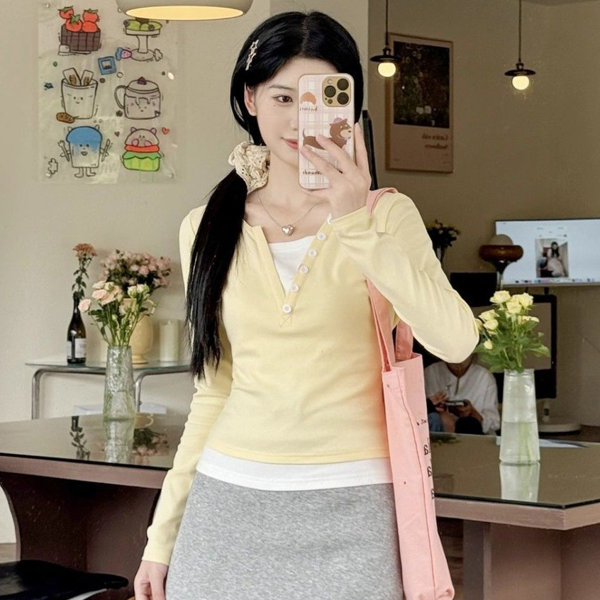 Suxi Dễ Thương Màu Ngọt Ngào Mới Đơn Giản Áo Thun Dài Tay Nữ Slim Fit Áo 240919