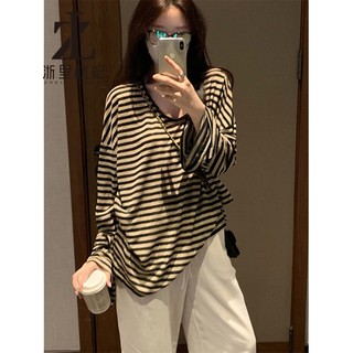 ZHELIHANGFEI Hot Girl Sọc Chống Nắng Áo Sơ Mi Nữ Rời Cổ Chữ U Đầu Thu Dài Tay Áo Thun Mỏng Bên Ngoài Top