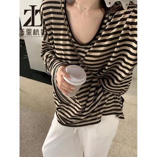 ZHELIHANGFEI Hot Girl Sọc Chống Nắng Áo Sơ Mi Nữ Rời Cổ Chữ U Đầu Thu Dài Tay Áo Thun Mỏng Bên Ngoài Top