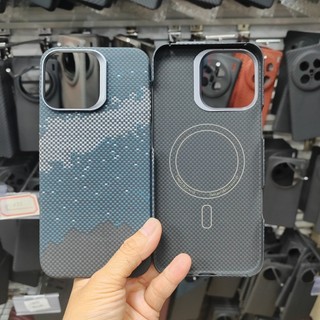 Từ Tính Thật Aramid Sợi Carbon Ốp Lưng Điện Thoại iPhone 16 Pro Max 16 Plus Ống Kính Kim Loại Vòng Khung Hỗ Trợ Sạc Không Dây