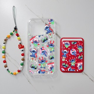 Stitch Cặp Đôi Hoạt Hình Giáng Sinh Vui Vẻ Họa Tiết 3 Miếng Ví Dễ Thương Dành Cho iPhone 15pro 15promax 14 14promax 14pro 16 pro max 16 plus Màu Xanh Đỏ Ví Ốp điện thoại