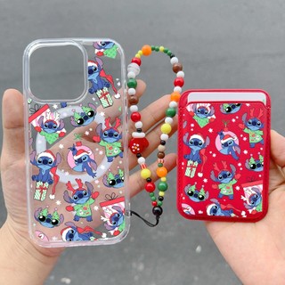Stitch Cặp Đôi Hoạt Hình Giáng Sinh Vui Vẻ Họa Tiết 3 Miếng Ví Dễ Thương Dành Cho iPhone 15pro 15promax 14 14promax 14pro 16 pro max 16 plus Màu Xanh Đỏ Ví Ốp điện thoại