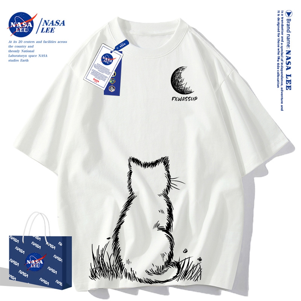 Áo thun NASA ngắn tay mèo, cotton, dáng rộng, unisex