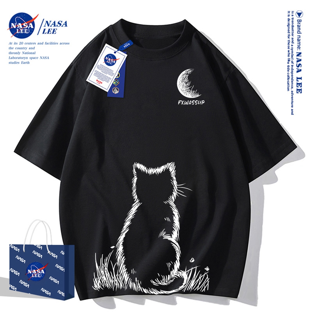 Áo thun NASA ngắn tay mèo, cotton, dáng rộng, unisex