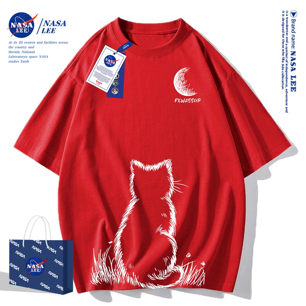 Áo thun NASA ngắn tay mèo, cotton, dáng rộng, unisex