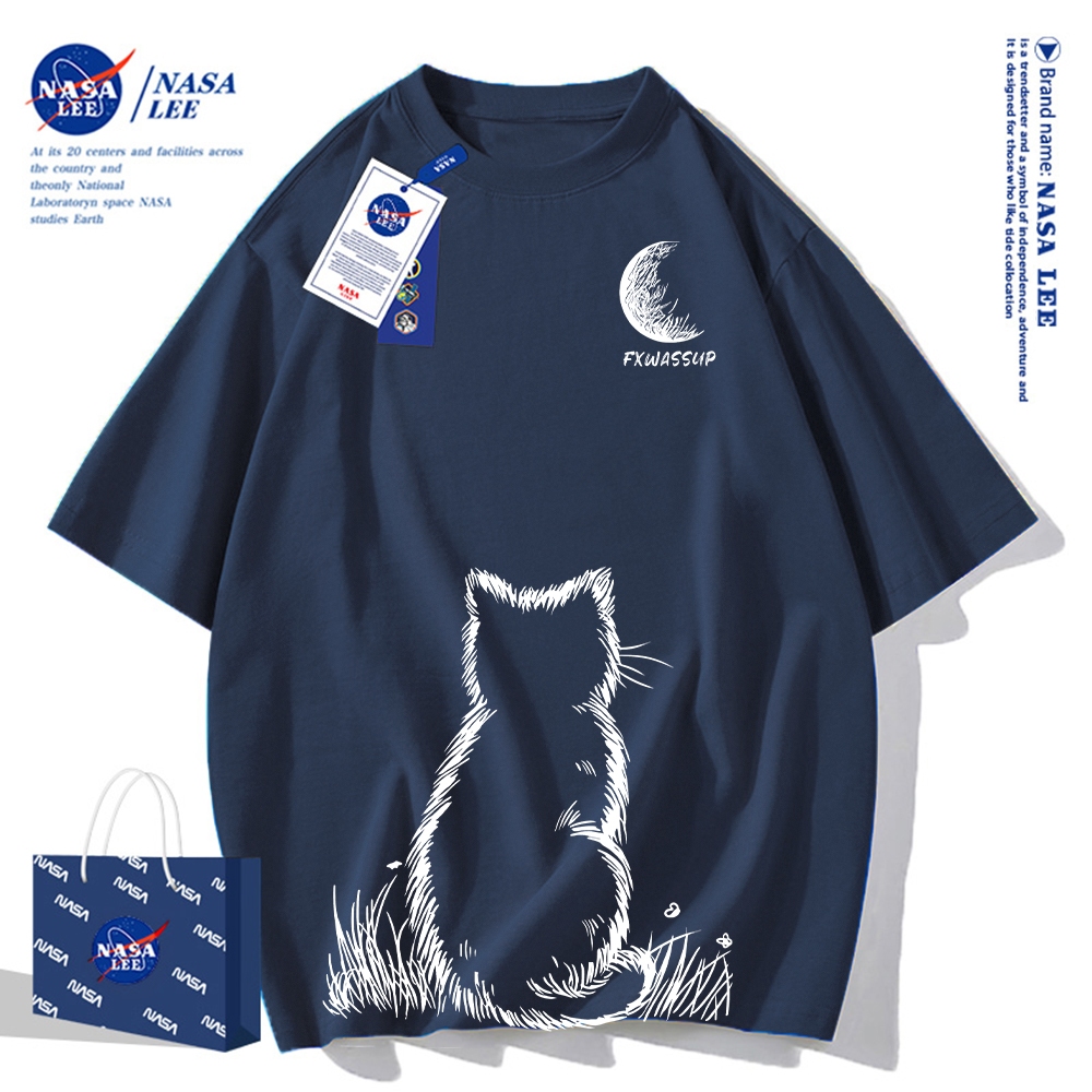 Áo thun NASA ngắn tay mèo, cotton, dáng rộng, unisex