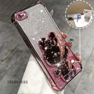 Ốp Lưng Cho iPhone 6 Plus iPhone 6s Plus Phấn Lấp Lánh Bốn Góc Mạ Điện Chống Rơi Vỏ Điện Thoại Hoạt Hình Thẩm Mỹ 3D Giá Đỡ Thỏ TPU Mềm