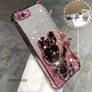 Ốp Lưng Cho iPhone 7 Plus iPhone 8 Plus Phấn Lấp Lánh Bốn Góc Mạ Điện Chống Rơi Vỏ Điện Thoại Hoạt Hình Thẩm Mỹ 3D Giá Đỡ Thỏ TPU Mềm