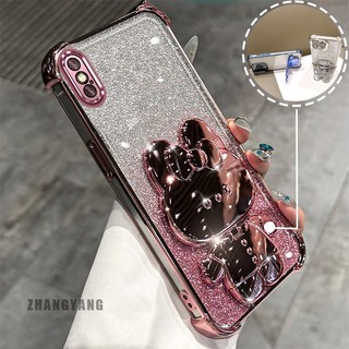 Ốp Lưng Cho iPhone X Xs Xr Xs Max Bột Lấp Lánh Bốn Góc Mạ Điện Chống Rơi Vỏ Điện Thoại Thẩm Mỹ Hoạt Hình 3D Thỏ Giá Đỡ TPU Mềm