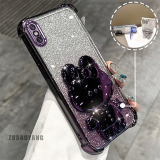 Ốp Lưng Cho iPhone X Xs Xr Xs Max Bột Lấp Lánh Bốn Góc Mạ Điện Chống Rơi Vỏ Điện Thoại Thẩm Mỹ Hoạt Hình 3D Thỏ Giá Đỡ TPU Mềm