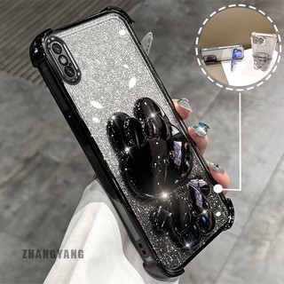 Ốp Lưng Cho iPhone X Xs Xr Xs Max Bột Lấp Lánh Bốn Góc Mạ Điện Chống Rơi Vỏ Điện Thoại Thẩm Mỹ Hoạt Hình 3D Thỏ Giá Đỡ TPU Mềm