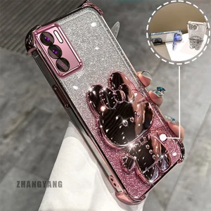 Ốp Lưng Cho OPPO A16 Bột Lấp Lánh Bốn Góc Mạ Điện Chống Rơi Vỏ Điện Thoại Hoạt Hình Thẩm Mỹ 3D Giá Đỡ Thỏ TPU Mềm