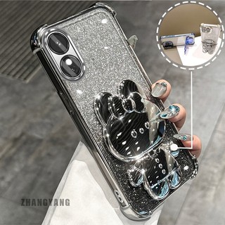 Ốp Lưng Cho OPPO A18 A38 A17 A17K Bột Lấp Lánh Bốn Góc Mạ Điện Chống Rơi Vỏ Điện Thoại Thẩm Mỹ Hoạt Hình 3D Giá Đỡ Thỏ TPU Mềm