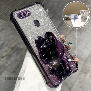 Ốp Lưng Cho OPPO A5S A12 A7 F9 Bột Lấp Lánh Bốn Góc Mạ Điện Chống Rơi Vỏ Điện Thoại Thẩm Mỹ Hoạt Hình 3D Giá Đỡ Thỏ TPU Mềm