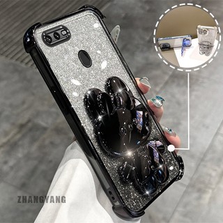 Ốp Lưng Cho OPPO A5S A12 A7 F9 Bột Lấp Lánh Bốn Góc Mạ Điện Chống Rơi Vỏ Điện Thoại Thẩm Mỹ Hoạt Hình 3D Giá Đỡ Thỏ TPU Mềm