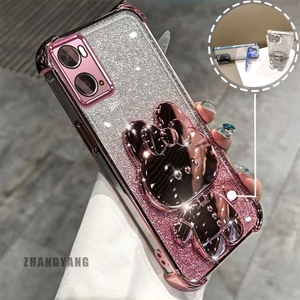Ốp Lưng Cho OPPO A76 4G A36 4G A96 4G Bột Lấp Lánh Bốn Góc Mạ Điện Chống Rơi Vỏ Điện Thoại Thẩm Mỹ Hoạt Hình 3D Giá Đỡ Thỏ TPU Mềm
