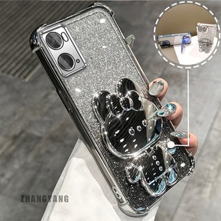 Ốp Lưng Cho OPPO A76 4G A36 4G A96 4G Bột Lấp Lánh Bốn Góc Mạ Điện Chống Rơi Vỏ Điện Thoại Thẩm Mỹ Hoạt Hình 3D Giá Đỡ Thỏ TPU Mềm