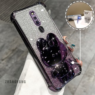 Ốp Lưng Cho OPPO F11 Bột Lấp Lánh Bốn Góc Mạ Điện Chống Rơi Vỏ Điện Thoại Hoạt Hình Thẩm Mỹ 3D Giá Đỡ Thỏ TPU Mềm