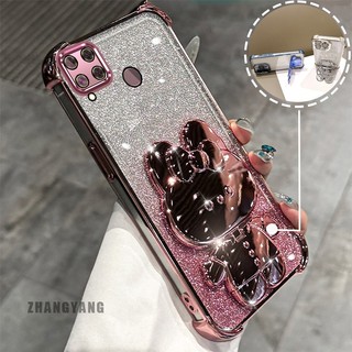 Ốp Lưng Cho Realme C15 Bột Lấp Lánh Bốn Góc Mạ Điện Chống Rơi Vỏ Điện Thoại Hoạt Hình Thẩm Mỹ 3D Giá Đỡ Thỏ TPU Mềm