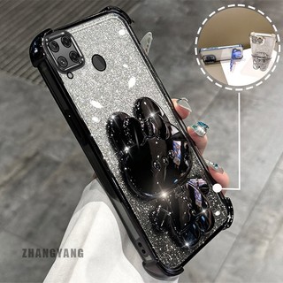 Ốp Lưng Cho Realme C15 Bột Lấp Lánh Bốn Góc Mạ Điện Chống Rơi Vỏ Điện Thoại Hoạt Hình Thẩm Mỹ 3D Giá Đỡ Thỏ TPU Mềm