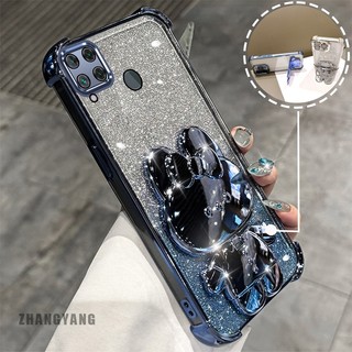 Ốp Lưng Cho Realme C15 Bột Lấp Lánh Bốn Góc Mạ Điện Chống Rơi Vỏ Điện Thoại Hoạt Hình Thẩm Mỹ 3D Giá Đỡ Thỏ TPU Mềm