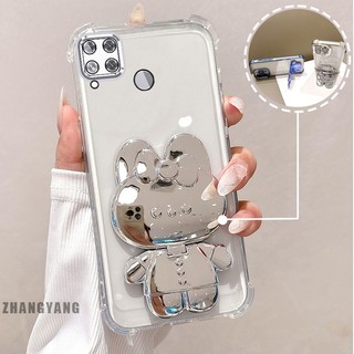 Ốp Lưng Cho Realme C15 Bột Lấp Lánh Bốn Góc Mạ Điện Chống Rơi Vỏ Điện Thoại Hoạt Hình Thẩm Mỹ 3D Giá Đỡ Thỏ TPU Mềm