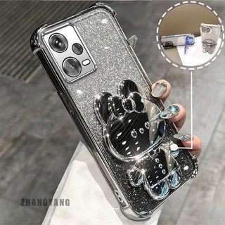 Ốp Lưng Cho Redmi Note 12 5G Note 12 Pro 5G Bột Lấp Lánh Bốn Góc Mạ Điện Chống Rơi Vỏ Điện Thoại Thẩm Mỹ Hoạt Hình 3D Giá Đỡ Thỏ TPU Mềm